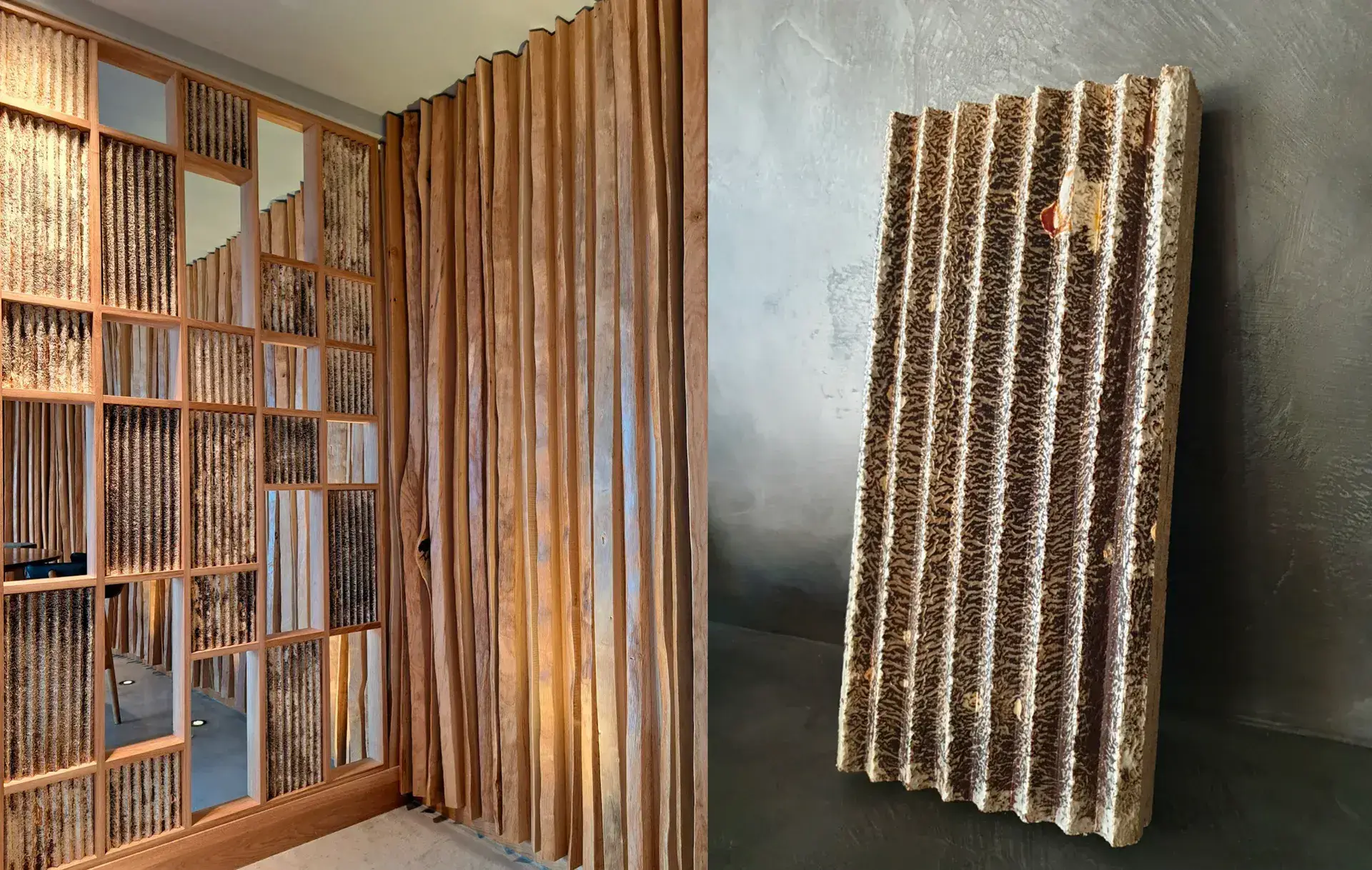 Close view of ribbed mycelium panels set into a warm timber restaurant interior